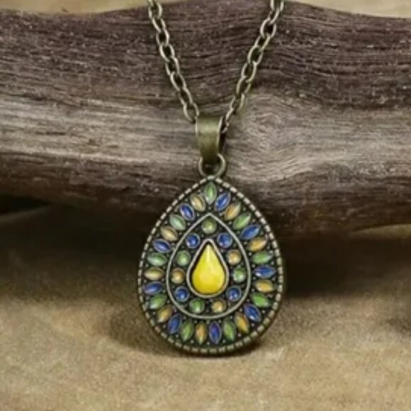 Beautiful Antique Gold Multi Colored 3 pc Necklace & Earring Set. NWOT O/S - Picture 4 of 7